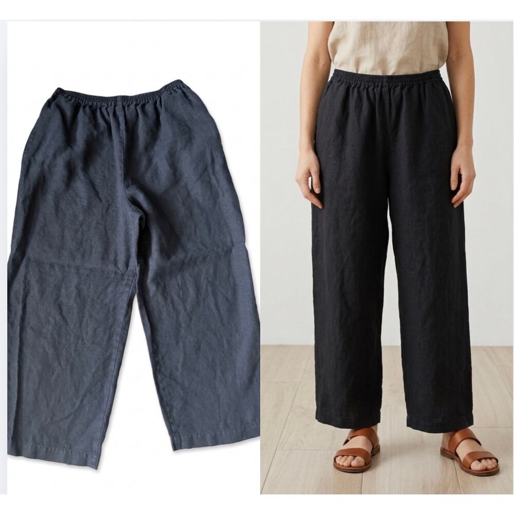 Eskandar Black 100% Linen Wide Leg Elastic Waist Pants Size 1 Neiman Marcus